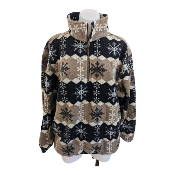 Vintage Sierra Classics Large Snowflake Fleece Jacket Tan Black White Half Zip - Picture 1 of 8